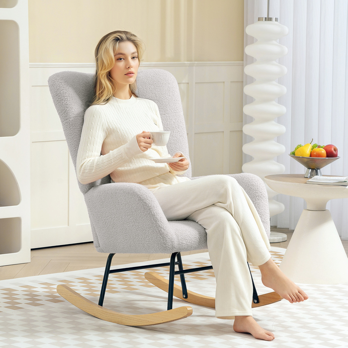 HOMCOM Rocking Chair, Rocking Armchair with Armrests, Teddy Velvet-Look, Relaxing Chair with Wooden Skids, Swivel Chair Silent Chair for Bedroom, Living Room, Light Grey | Aosom