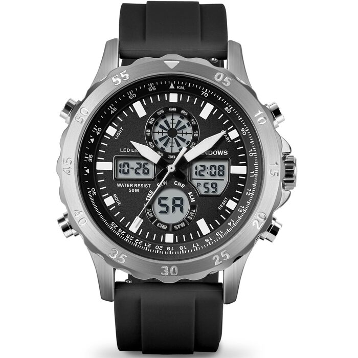 Годинник PINDOWS для чоловіків: водонепроникні спортивні годинники (аналогові/цифрові), багатофункціональні, міцні, з LED-підсвічуванням, будильником, секундоміром (чорний/сріблястий)