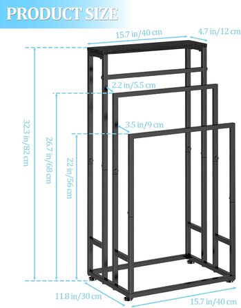 Підставка для рушників стояча, 3-ярусна з полицею з дерева, металева з регульованими ніжками, для ванної кімнати та спальні, 40x30x82 см, чорна