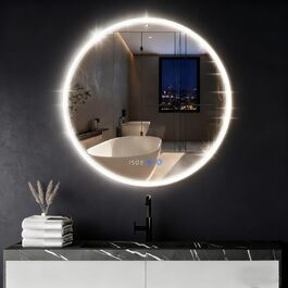 Дзеркало для ванної кімнати YOURLITE з підсвічуванням, 60 см, LED, сенсорне керування, 3 кольори, регулювання яскравості, протизапітніння, функція пам'яті, годинник, білий (сріблястий)