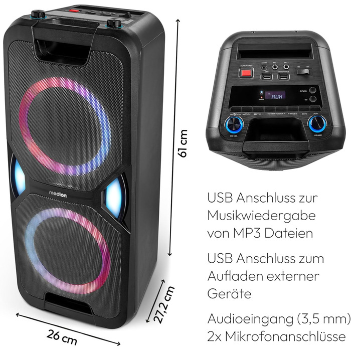 MEDION PE-1 Pure Partybox: портативна Bluetooth-колонка з мікрофоном, світлові ефекти, караоке, AUX, USB, радіо (2 x 220 Вт)