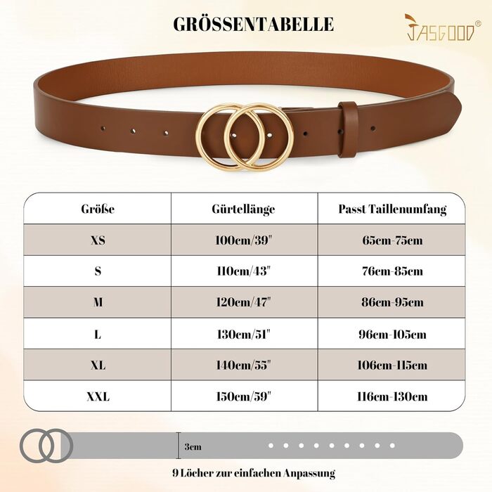 Жіночий шкіряний ремінь JasGood з подвійною кільцевою пряжкою для джинсів, штанів, суконь (колір: 5-кава, розмір M: 120 см, обхват талії 86-95 см)