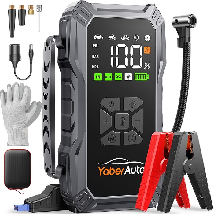 Powerbank для авто YaberAuto з компресором, 6000A, 23800mAh, 150PSI, Jump Starter (для бензинових та 10.0L дизельних двигунів), LCD дисплей, 500 люмен, аварійне світло