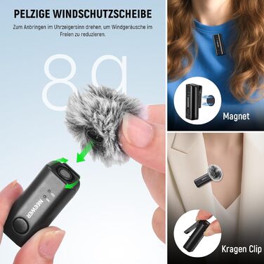 NEEWER Бездротовий петличний мікрофон KM23Max з акумулятором 8 годин, шумозаглушенням та USB-C, сумісний з DJI, Insta360, iPhone, Android, PC