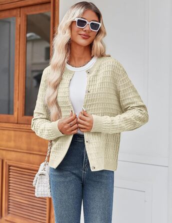Жакет Zeagoo з довгими рукавами, кардиган з круглою шиєю, в'язаний жакет на ґудзиках, відкритий спереду, елегантний в'язаний светр для жінок (M, пісочний)