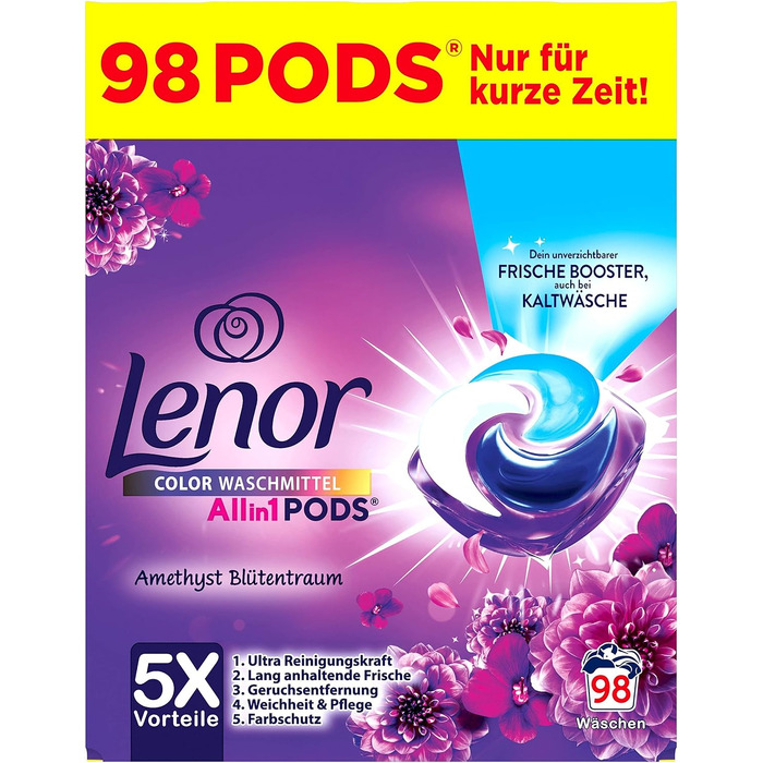Капсули для прання кольорових речей Lenor All-in-1 PODS Amethyst Blütentraum, гігієнічне глибоке очищення та тривала свіжість, 98 шт