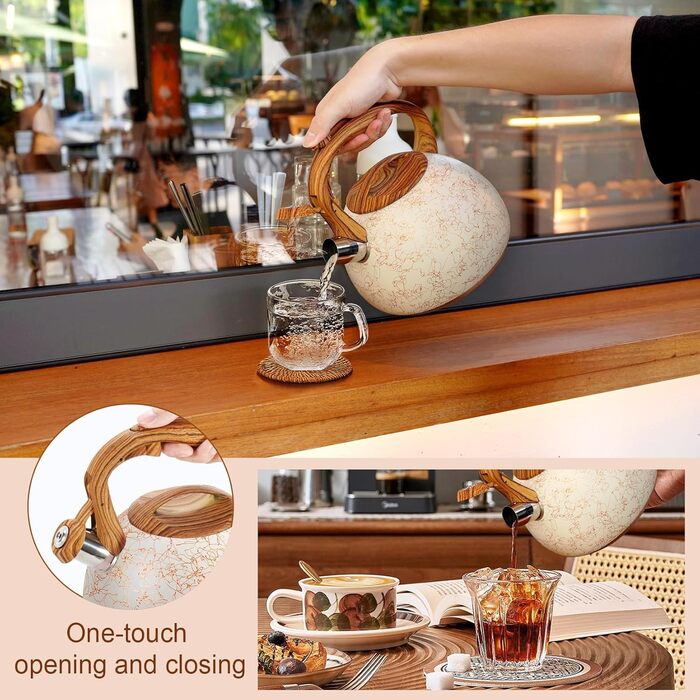 Чайник для плити GGC, 3.1 л / 3 л, з свистком, для води, кави, молока, градієнт сірого та чорного кольорів, з дерев'яною ручкою, з нержавіючої сталі, для дому (White Art Line)