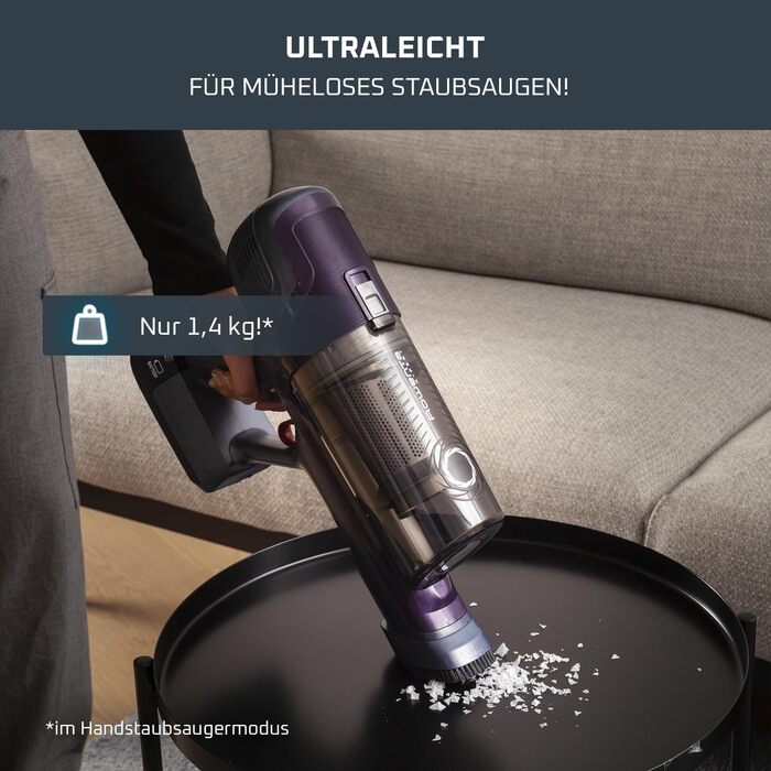 Бездротовий пилосос Rowenta X-Pert 6.60 Essential: акумуляторний, 100 Вт, 45 хв роботи, без мішка, LED-насадка, знімна батарея, насадка для щілин, кріплення на стіну, фіолетовий/чорний, RH6838