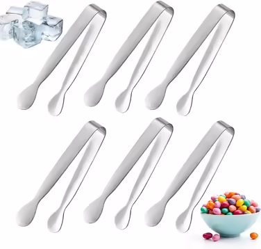 Small Mini Tongs, 10.7 cm, Stainless Steel, small tongs for serving food, durable metal kitchen tongs for ice, salad, toaster, desserts, appetizers, and charcuterie boards (6 pieces)