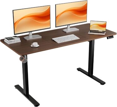 Ergonomaker Electric Height Adjustable Desk 80x60cm - Compact Standing Desk with 2-Section Tabletop, Adjustable Desk for Home Office (White Frame + Walnut Tabletop)