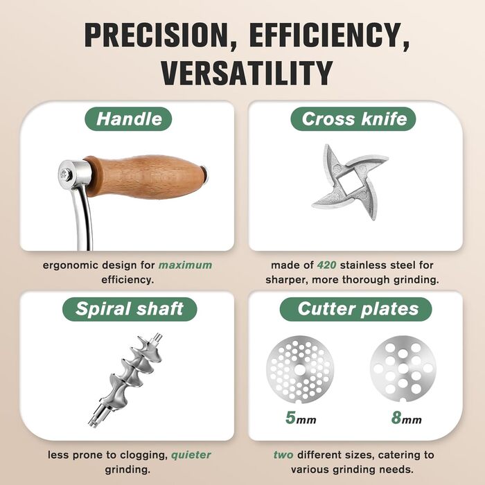 М'ясорубка ручна Huanyu з нержавіючої сталі, насадки для ковбас та печива, миється в посудомийній машині (№8, №10)
