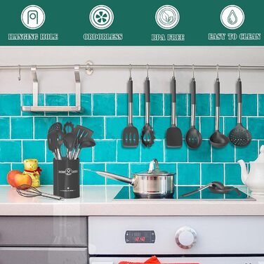 Набір кухонного приладдя Umite Chef, 43 предмети: лопатки, ложки, вінчики з нержавіючої сталі, силіконові, антипригарні, жаростійкі, сірий колір