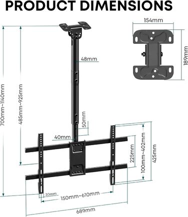 Adjustable & Tilting TV Ceiling Mount - Full Motion, VESA 600x400, Up to 86 Inch TVs, 60kg Weight Capacity