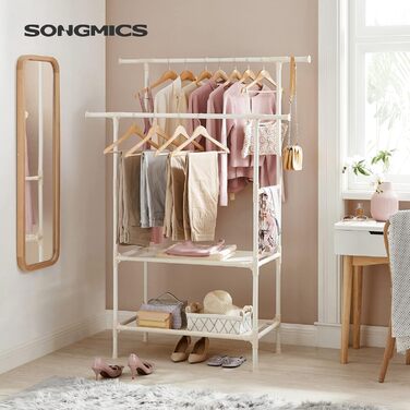SONGMICS Дзеркало-вішалка для одягу металева, біла, 2 перекладини, 2 полиці, до 70 кг, проста збірка RDR02WT