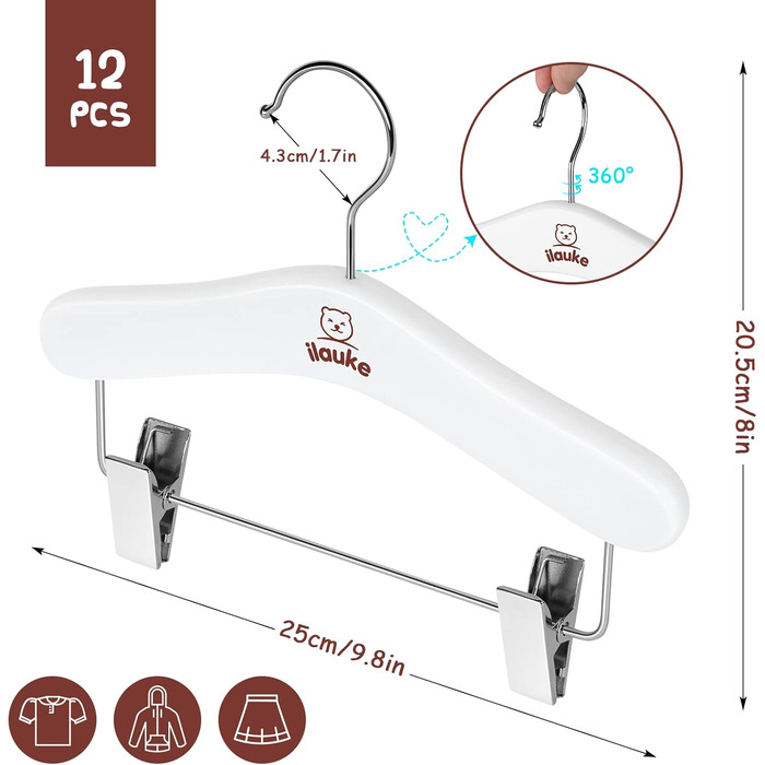 Дерев'яні вішалки для одягу з затискачами для малюків, 12 шт., класичні та міцні, білі, 25 см, для дітей 25 x 20.5 см