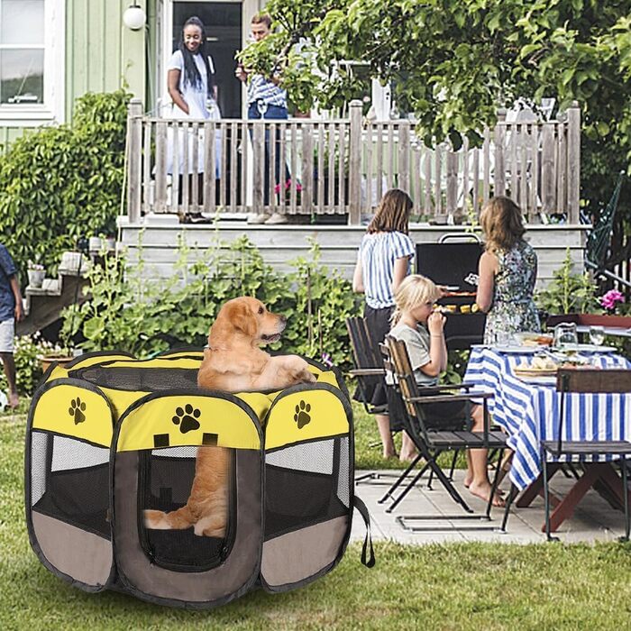 Змінний вольєр для цуценят, вольєр для тварин, вольєр для собак, 74x74x43 см, клітка для котів на вулицю та в приміщення, матеріал Оксфорд, для собак, котів, кроликів, дрібних тварин (жовтий)