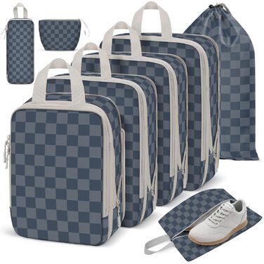 VnioLife Набори для пакування валізи - 8 шт. Органайзери для подорожей, компресійні кубики, синій та сірий