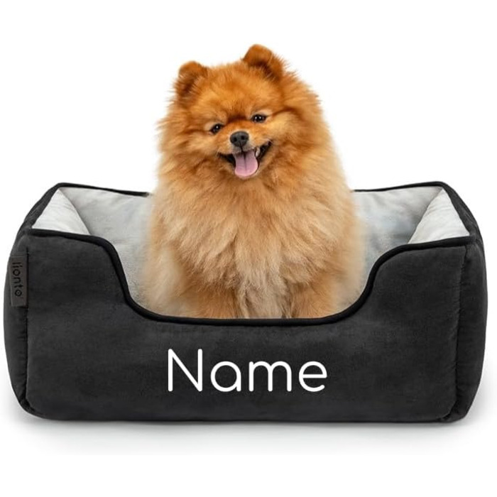 Ліжко для собак Lionto 2-в-1 з комфортним входом, м'яке домашнє ліжко для тварин, яке можна перевертати, 80x60 см, подушка для собак з легкою у догляді імітацією замші, сірий колір (Д 60 x Ш 50 x В 22 см (з нанесенням імені), Чорний/Сірий)