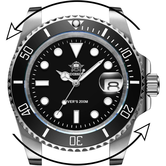 Годинник чоловічий ADDIESDIVE з кварцовим механізмом, аналоговий, водонепроникний 20bar, з нержавіючої сталі, великий, з підсвічуванням, чорний/білий