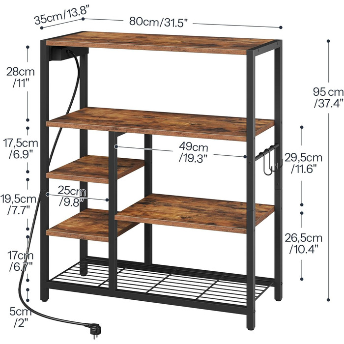 HOOBRO Поличка кухонна з розеткою (3 розетки з вимикачем), підлогова, для мікрохвильової печі з 3 знімними S-гачками, 5 ярусів, для кухні та вітальні, вінтажний коричневий та чорний колір, EBF25CHB01