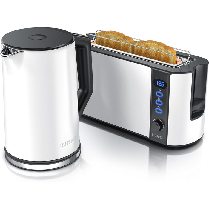 Arendo - Kettle and Toaster Set, Stainless Steel White, Kettle 1.5L 40°-100°C Keep-Warm Function, Toaster 2 Slices LED Display, 6 Browning Levels, Bread Roll Attachment, B: White