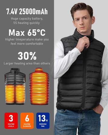 Обогревна жилетка з підключенням Powerbank, чоловіча/жіноча, 6 зон нагріву, 3 режими, для катання на мотоциклі, лижах, на вулиці, XL, чорна (з акумулятором 25000mAh)