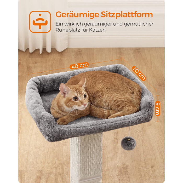 Feandrea Cat Tree, Cat Tower with 40 x 30 cm Plush Platform, Scratch Post, Cat Scratching Post, 71 cm High, Sisal-Wrapped Scratching Column, 45 x 40 cm Base, with Plush Ball, Light Grey PCA022W01