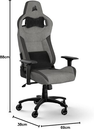 Ігрове крісло Corsair T3 RUSH Fabric 2023, автомобільний стиль, тканинне покриття, подушка для шиї, ортопедична підтримка попереку, сіре та антрацитове