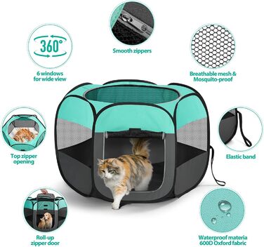 Клітка-забіг для цуценят, вольєр для собак та котів, портативна клітка-забіг для тварин, водовідштовхувальне полотно Oxford, з сумкою для перенесення, для дому, вулиці, кемпінгу (Білий, Зелений, L(110x110x60cm))