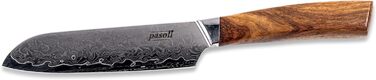 Pasoli Damascus Santoku Knife incl. Blade Protector | 67-Layer VG-10 Damascus Steel | Sharp 13 cm Blade | Elegant Wooden Handle | Ideal Chef's Knife