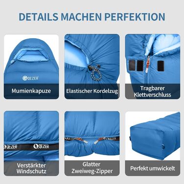 Спальний мішок для дорослих та дітей, легкий зимовий, Outdoor 8°C ~ -30°C для кемпінгу та альпінізму з 650 FP гусячим пухом (Блакитний, 1000г пуху)