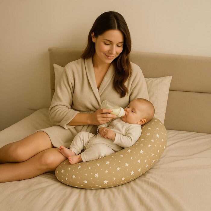 Подушка для вагітних Totsy Baby XXL 190 см - подушка для сну на боці, підтримка тіла, бавовна Oeko-Tex, бежево-біла зі зірками