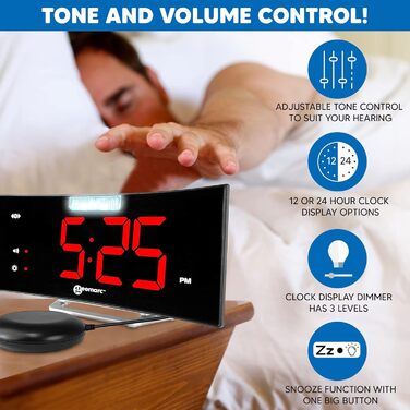 Alarm clock with a powerful 95dB alarm, vibrating pad, large display, and strobe light - The Geemarc Wake 'N' Shake Curve will wake you from deep sleep - USB charging port - Version DE