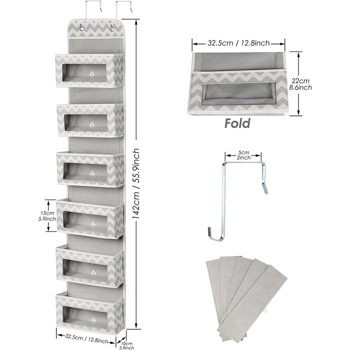 Органайзер для підвішування з 5 прозорими кишенями, 2 гачками, для шафи, ванної, дитячої кімнати, вітальні, спальні (Zickzack)