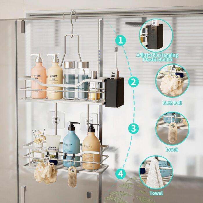 Настінна поличка для душу HapiRm з 4 гачками - регульована, для шампуню та мила, нержавіюча сталь (Sand Nickel)