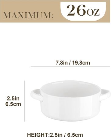 MALACASA Набір супових тарілок з ручками, 800 мл, 4 шт, порцеляна, білий, для французької цибулевої супи, каші та рагу