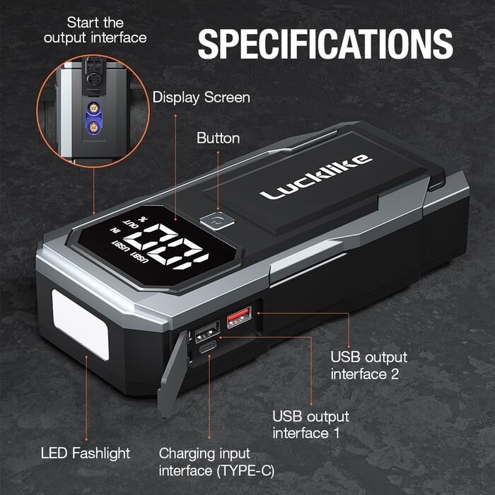 Powerbank для запуску двигуна Lucklike: 3000A, LED-ліхтарик, для авто та мото (до 8.0L бензин/7.0L дизель)