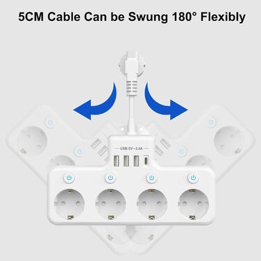 Мережевий фільтр з USB, 4 розетки з індивідуальним вимикачем, 3 USB та 1 Type-C (5V 3.4A) для кухні, вітальні, спальні, офісу