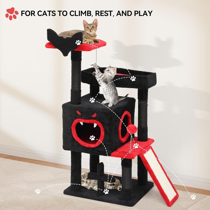 Кігтеточка YITAHOME Готичний XL, 160 см, з 4 колонами з сизалю, 1 дощечкою для шліфування, гамаком, 2 кулями-мавпами, платформами-ліжками, для шліфування, чорна (40 x 48 x 111 см)