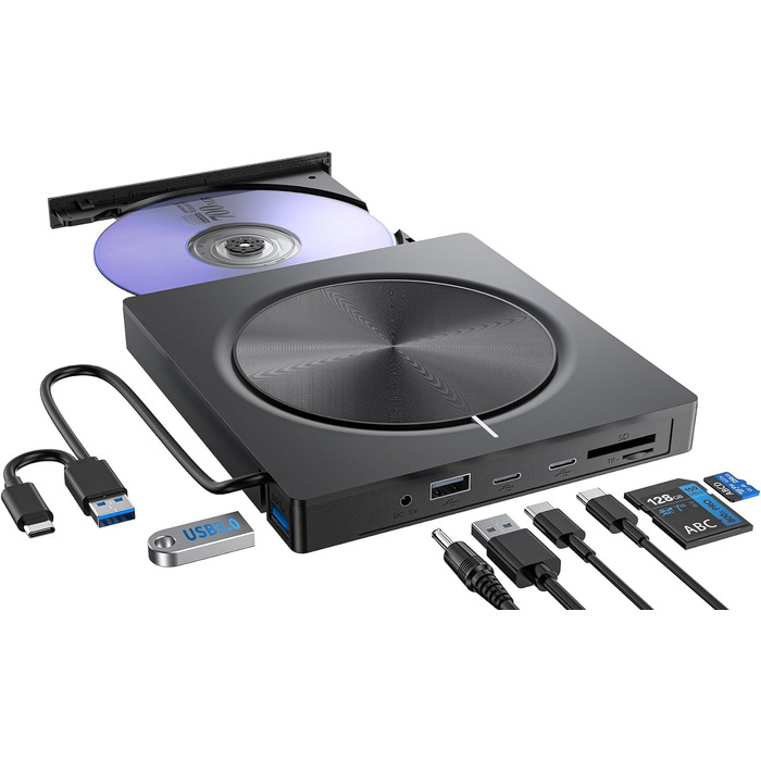 Зовнішній CD/DVD привід USB 3.0 та USB-C, оптичний накопичувач CD/DVD +/-RW ROM для ноутбука, ПК, MacBook, iMac (Windows, MacOS, Linux)