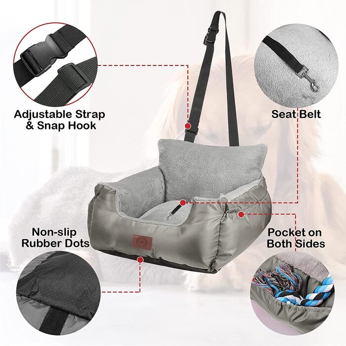 Автокрісло для собак та котів Fareyy, підставка для тварин, подорож, з сумкою та страхувальним ремінцем, водонепроникне, плюшеве, сіро-срібне
