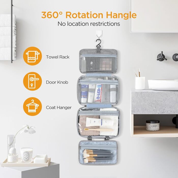 Сумка для туалетних речей AiQInu на гачку, унісекс, для подорожей, з аксесуарами, косметичка, валізка, бірюзова (Сірий-4 Fold)