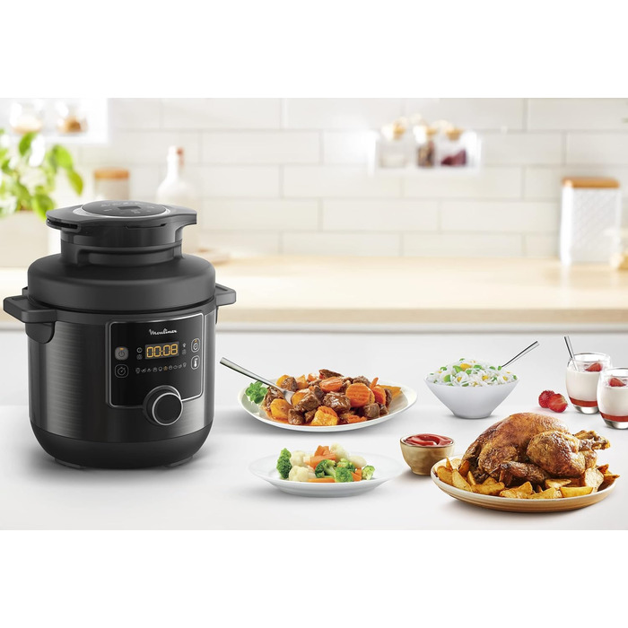 Moulinex Turbo Cuisine & Fry CE7788-2 in 1: Electric pressure cooker and air fryer up to 1450 W power, non-stick coated, 15 automatic programs, timer, accessories, black