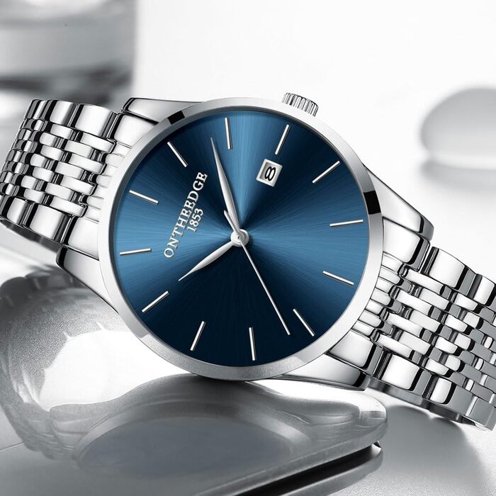 Чоловічий годинник на зап'ясті з нержавіючої сталі, водонепроникний, класичний, з великим циферблатом, мінімалістичний, аналоговий кварцовий годинник для чоловіків, блакитний (чоловічий годинник)