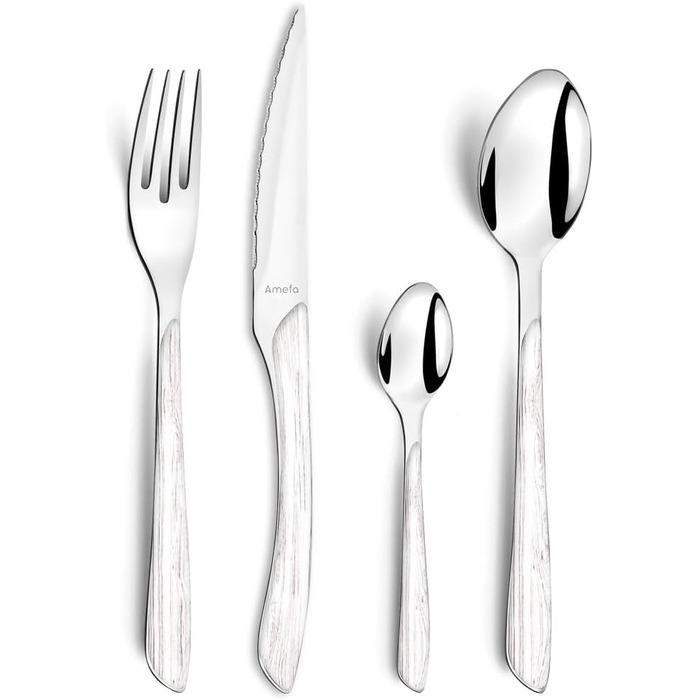 Amefa ECLAT Cutlery Set NATURE White Wood-Look Cutlery Set 24-Piece for 6 People Stainless Steel, Rust-Proof, Plastic Handle Shells with Wood-Look, Dishwasher-Safe Cutlery Set for 6 People