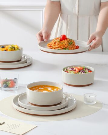 MALACASA Набір посуду з каменю 18 предметів для 6 осіб, керамічний сервіз з глазур'ю Сезам, набір тарілок та мисок, білий з коричневою основою, білий