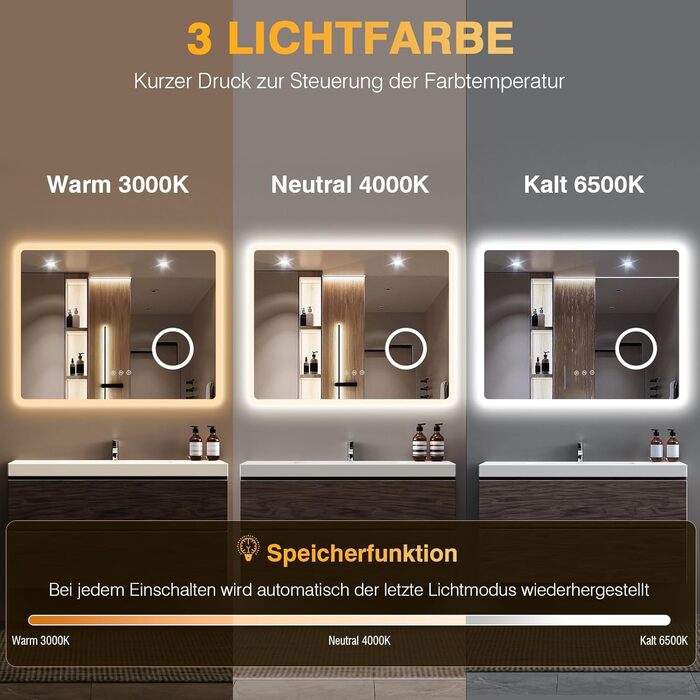 Дзеркало для ванної кімнати з підсвічуванням 80x60 см, 3 кольори, регулювання яскравості, протитуманне покриття, 3x збільшення, розетка для гоління, IP44, для горизонтального/вертикального монтажу