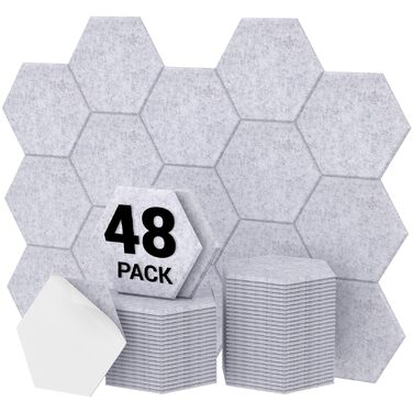 Акустичні гексагональні панелі TONOR самоклеючі, звукопоглинаючі шестигранні плитки для шумоізоляції стін (48 шт, сірі), 30x26x1 см для студії, офісу та геймінг-зони