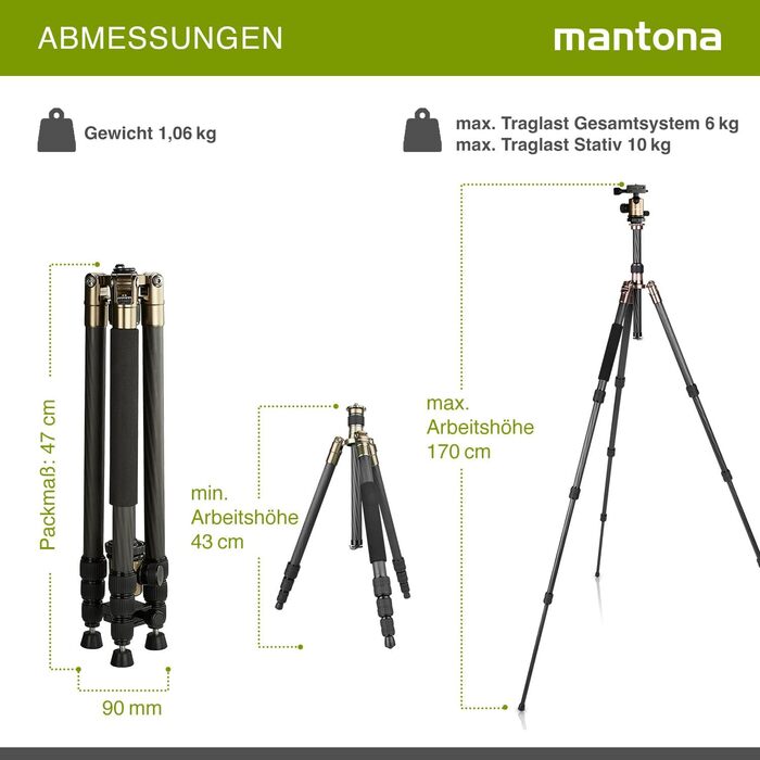 Штатив для камери Mantona Titanium Carbon з кукульним головкою та швидкознімною платформою, 170 см