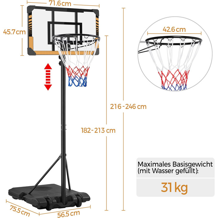 Yaheetech Adjustable Height Basketball Stand with Wheels - Mobile Basketball Hoop, Water or Sand Fillable, Indoor/Outdoor Basketball System - 226.5cm - 256.5cm